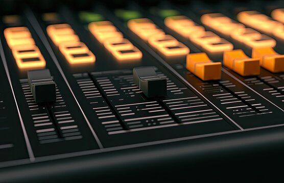 Close-up of a sound mixing board with illuminated sliders and faders