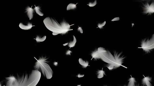 Elegant Floating White Feather Overlay On Solid Black Background Loop