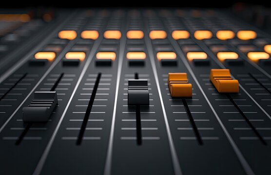 Close-up of a professional audio mixing board with illuminated faders (1)