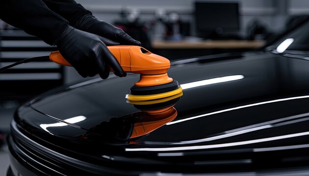 Detailer polishes a glossy black car's hood with an orange power tool