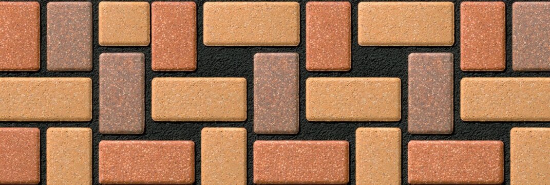 Rectangular and square tiles in orange, brown, and tan arranged in a staggered pattern