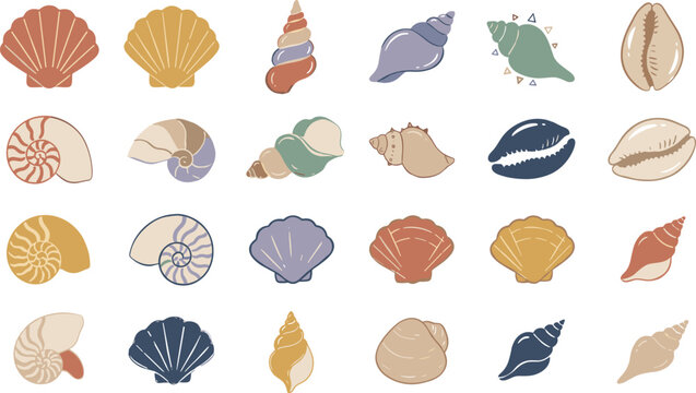 Seashell and marine life vector icon set featuring scallop conch nautilus clam and cowrie shells for summer beach decor