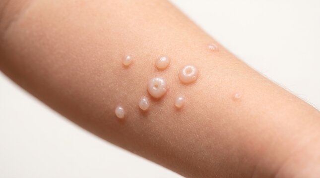 Close up shot of umbilicated shiny papules of molluscum contagiosum viral infection on forearm skin