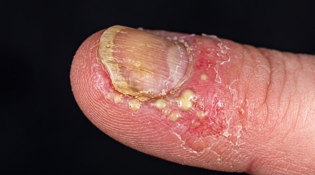 Extreme macro close up of severe paronychia infection and pustules around fingernail bed