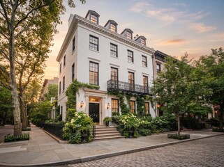 Fototapeta premium White townhouse with balcony and garden on cobblestone street
