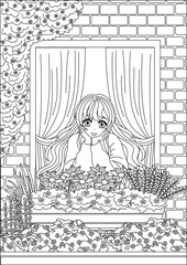 anime girl looks out the window coloring page vector design