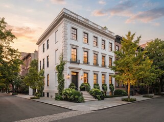 Fototapeta premium White luxury townhouse with columned entry and garden landscaping
