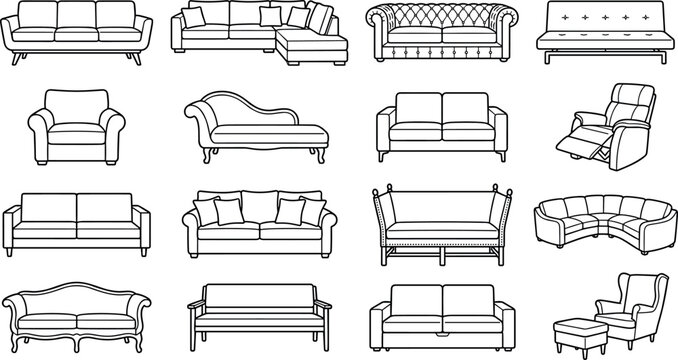 Sofa and armchair furniture line art icon set featuring modern couches sectional chesterfield chaise lounge recliner vector illustration