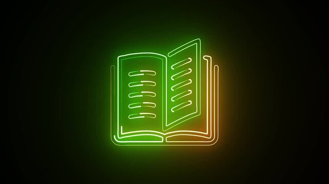A glowing neon book icon appears in the center of a dark futuristic background with transparent background, minimal design, no text, no watermark.