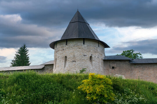 Izborsk Tower of the Holy Dormition Pskov-Pechersk Monastery on a sunny summer day, Pechory, Pskov region, Russia