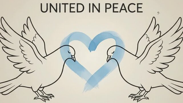 Two animated white doves with a watercolor heart and peace text