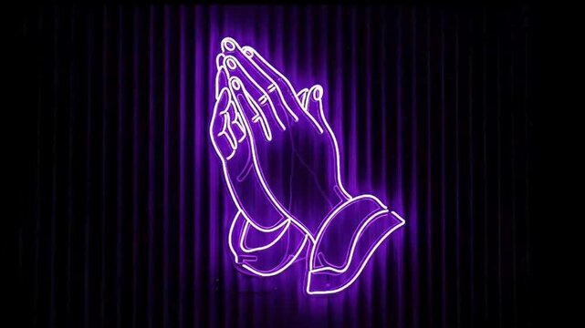 Glowing purple neon hands held in prayer position on dark ridged textured background