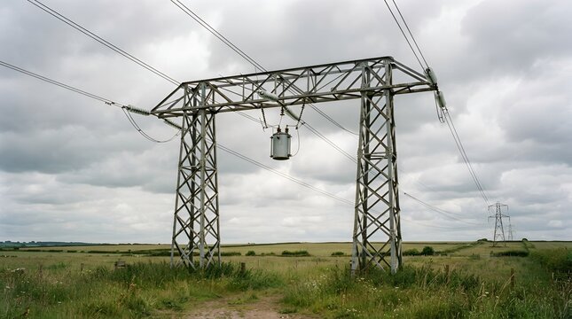 Large metal electrical pylon with a transformer hanging from wires in a grassy field under a cloudy overcast sky in a rural countryside landscape
