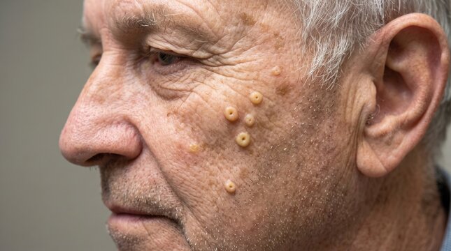 Close up side view of senior man cheek showing multiple sebaceous hyperplasia yellowish papules