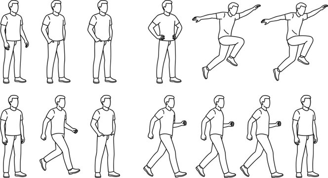 Isometric man character line icon set showing different poses including standing walking jumping running and active movement sequences for design projects