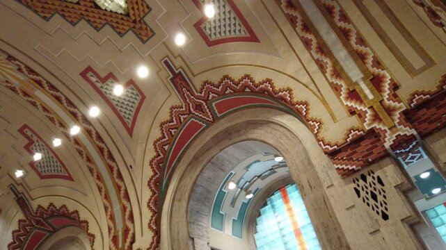 The interior lobby of the landmark Guardian Building in downtown Detroit, Michigan. Built in 1928, the walls and ceiling decorated with Pewabic and Rookwood tile.