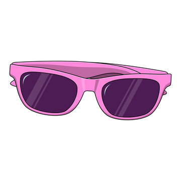 Pink plastic sunglasses with dark purple lenses for summer vacation and beach activities.