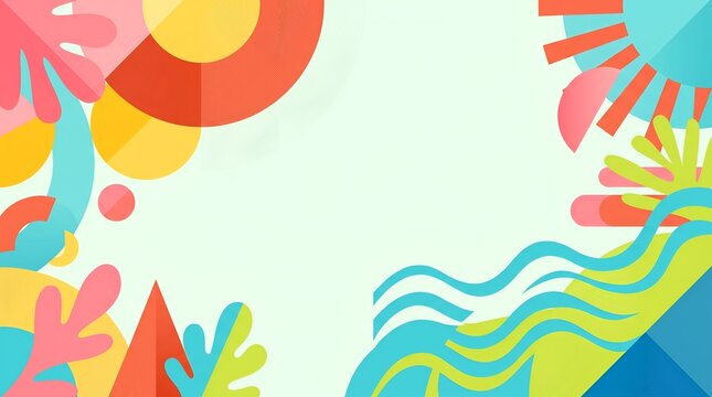 Vibrant abstract summer background illustration with colorful flat shapes and waves