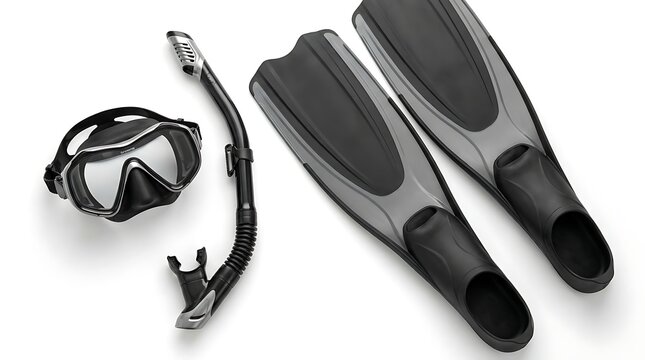 Black snorkeling equipment set including mask snorkel tube and pair of flippers on white background