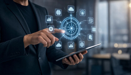 Obraz premium Business professional interacting with holographic AI analytics. Modern digital data visualization for enterprise insights.