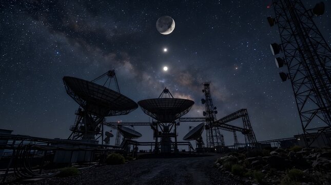 Satellite dish array under a starry night sky with moon and planets