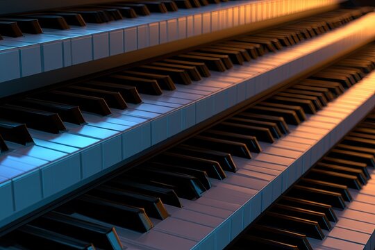 Close-up, angled view of multiple rows of a musical keyboard with warm light