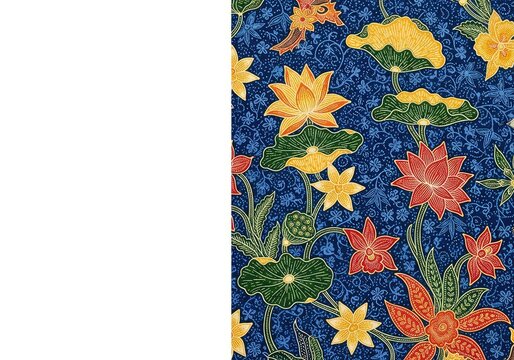 A detailed abstract batik fabric texture featuring intricate floral patterns, wax-resist motifs, and a rich indigo dye on woven cotton cloth, bloom, seamless, blue