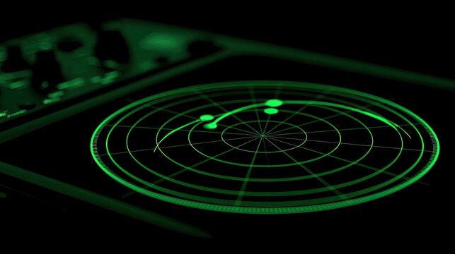 Close-up of a glowing green radar screen displaying targets