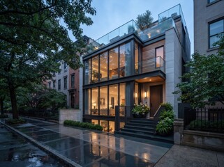 Fototapeta premium Modern glass townhouse with black stair entry and wet sidewalk