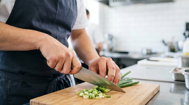 Chef with bandages chopping green onions in commercial kitchen