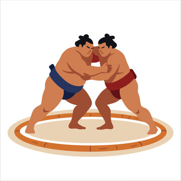Two sumo wrestlers competing in a traditional ring match.