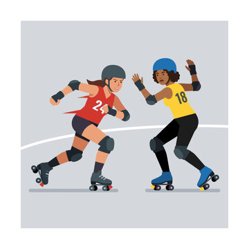 Two women competing in high-energy roller derby match.