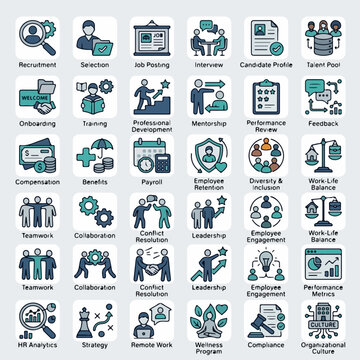 Comprehensive Human Resources Management and Talent Development Icon Set