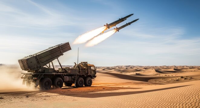 A heavy military rocket launcher truck fires powerful missiles into a clear sky above a vast sand desert during an intense operation, vehicle, power, artillery
