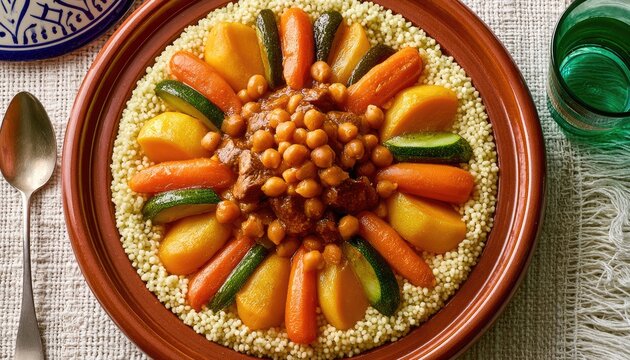 Hearty, colorful couscous stew with tender meats, vegetables, and legumes