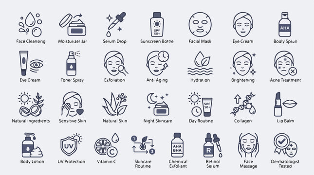 Comprehensive Collection of Skincare and Beauty Product Line Icons