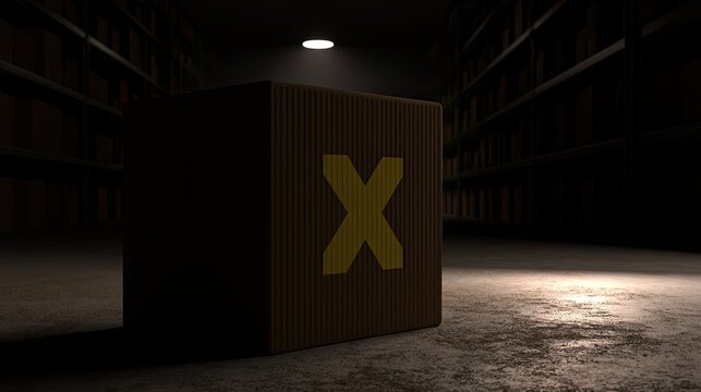Mysterious box with a large 'X' sits in dimly lit storage