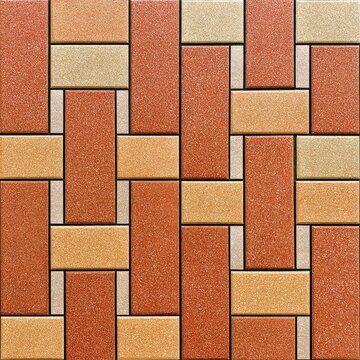 Geometric pattern of interlocking rectangular pavers in brick red and tan