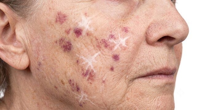 Close up view of senior woman cheek showing purpura purple spots and star shaped scars