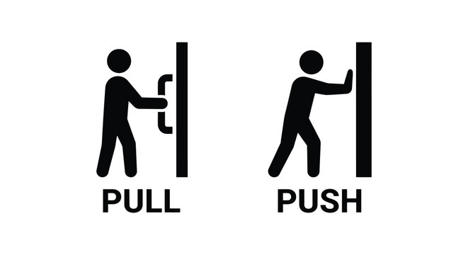 Pull and push door icons depicting human figures with text labels black silhouette doors entrance exit sign signs