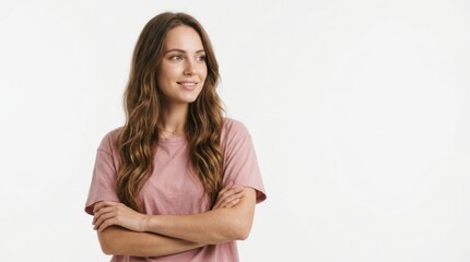 Obraz premium Happy young woman with long wavy brown hair wearing a pink t-shirt looking away with her arms crossed in a studio shot