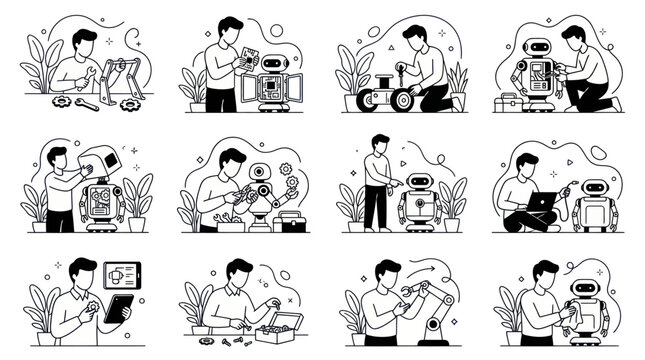 Man Building Assembling and Repairing Robots and Droids.