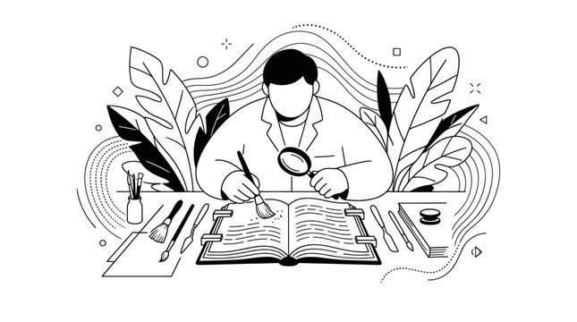 Man in lab coat examining open book with magnifying glass.