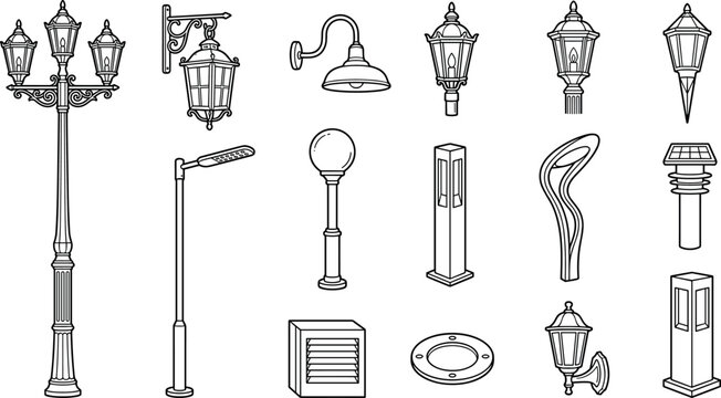 Street lamps and outdoor lighting icon set featuring vintage lampposts wall lanterns modern bollards solar lights vector illustration