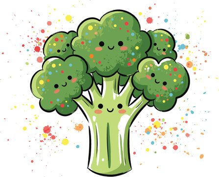 Cute kawaii broccoli character illustration with smiling faces and colorful paint splatters happy healthy food vector design