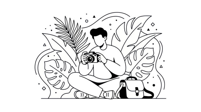 Man sitting cross-legged holding camera in outline illustration.