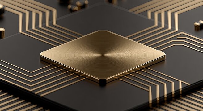 A metallic processor with intricate gold circuitry on a dark background