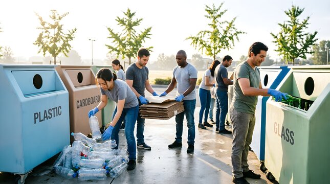 A diverse team of volunteers wearing matching t-shirts and gloves works together outdoors, sorting plastic bottles, cardboard and glass into clearly labeled bins as part of a community sustainability 