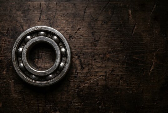 Vintage heavy steel ball bearing assembly on dark wooden workbench with copy space