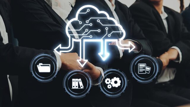 A group of business professionals in suits collaborates in an office setting while focusing on cloud technology and data management, illustrating modern digital solutions. Raster